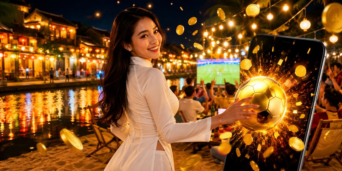 Người phụ nữ mặc áo dài tại Hội An thưởng thức cá cược bóng đá trực tuyến trong không gian thư giãn