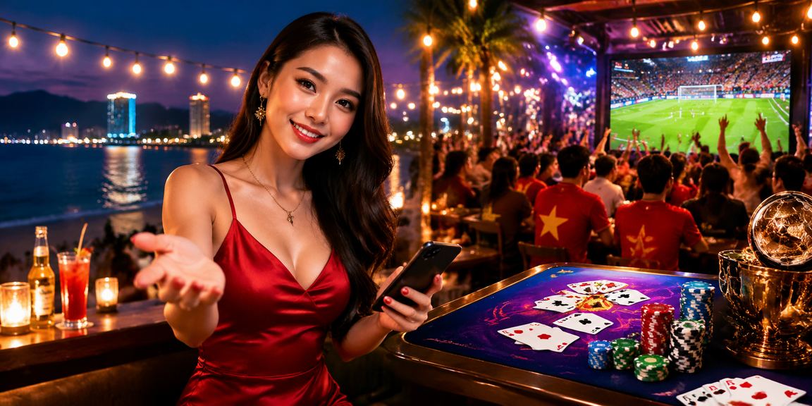 Người dùng chơi game bài thư giãn trên bãi biển Phú Quốc với không khí thoải mái